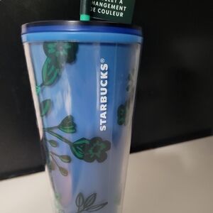Starbucks Blue Tumbler with Green Floral Design